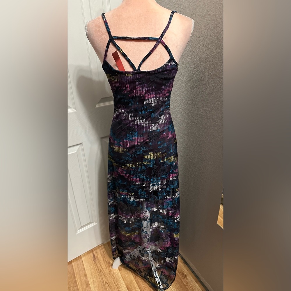 VINTAGE 90s Y2K Digital Print Stretch Mesh Maxi Dress With Strappy Back - Picture 5 of 11